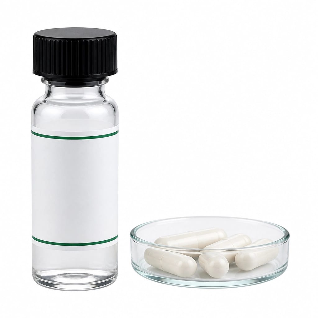 Nooglutyl research vial and capsules isolated on a bright clinical background