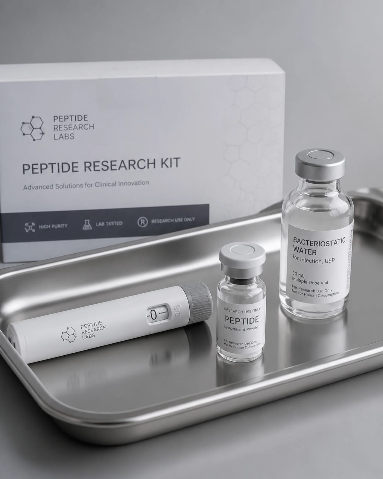 A high-end, clinical setup featuring a peptide research kit with a reusable injection pen and vials on a stainless steel tray.