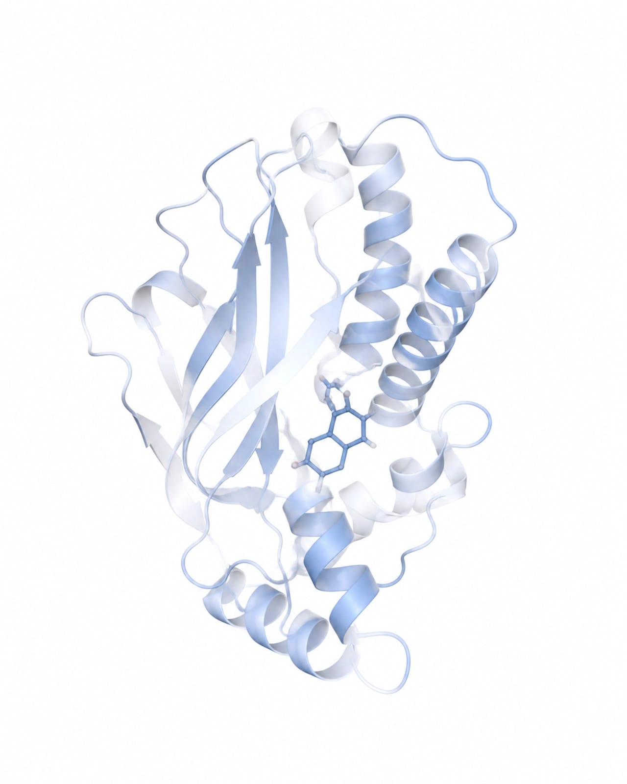 Scientific visualization of a protein structure in soft blue tones