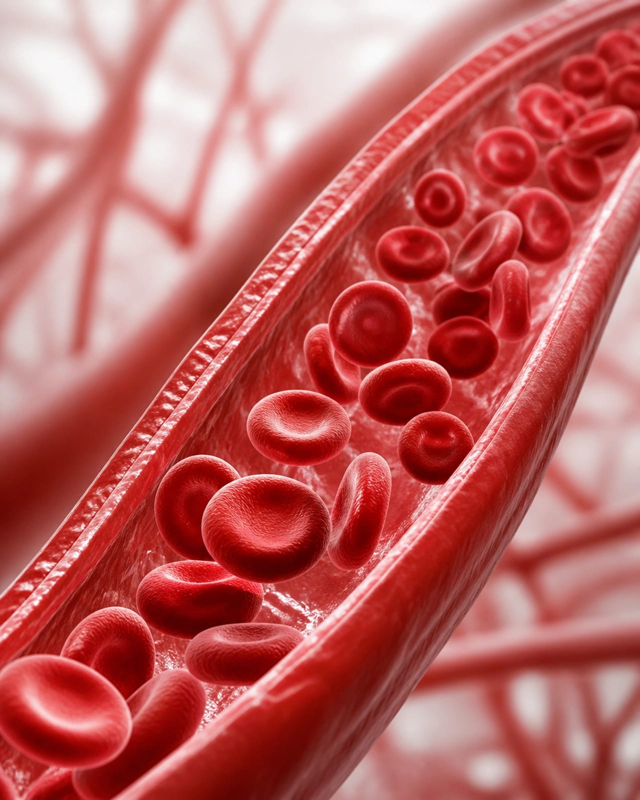 Detailed medical illustration of red blood cells representing efficient oxygen delivery