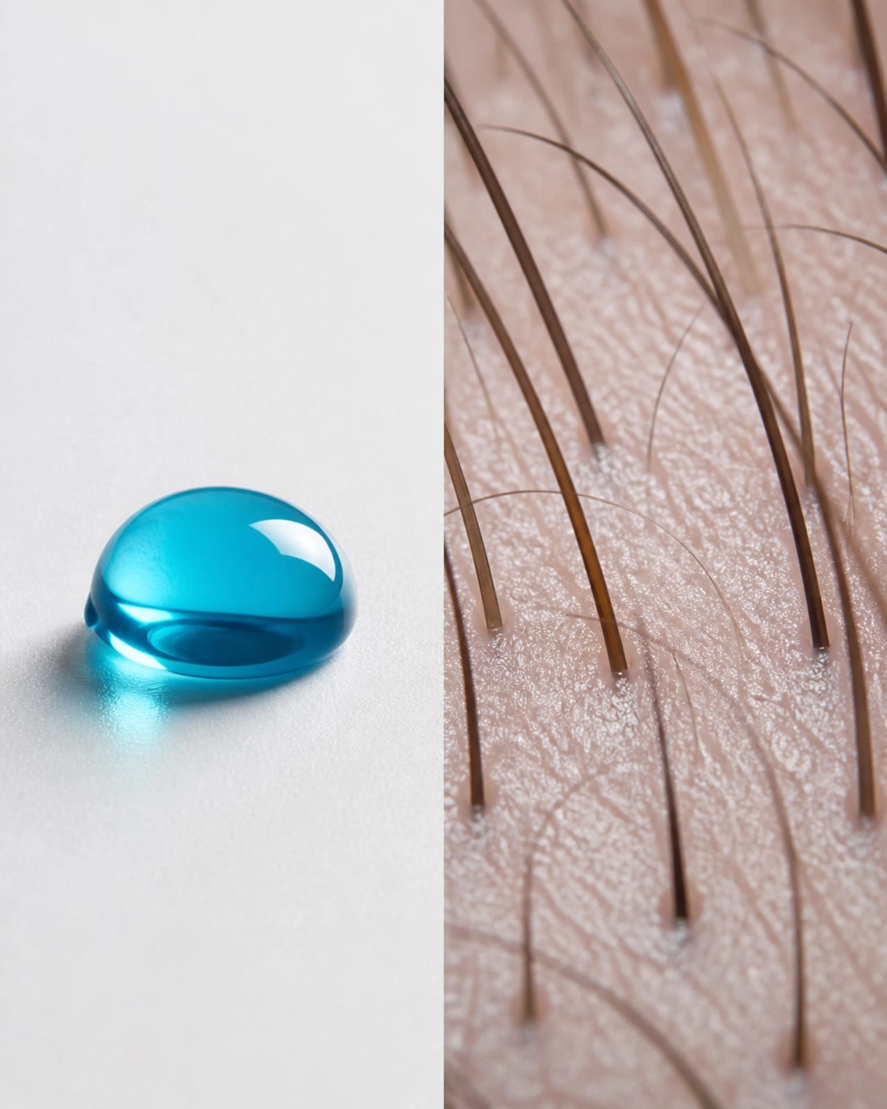 Close up of copper peptide droplet and hair follicle illustration