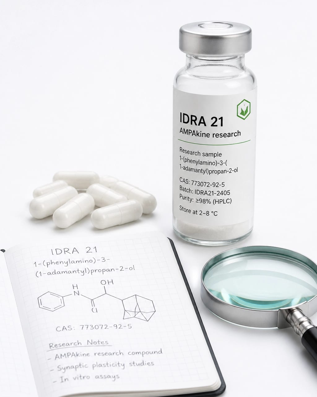 Laboratory research materials and an IDRA 21 sample vial on a clean white background