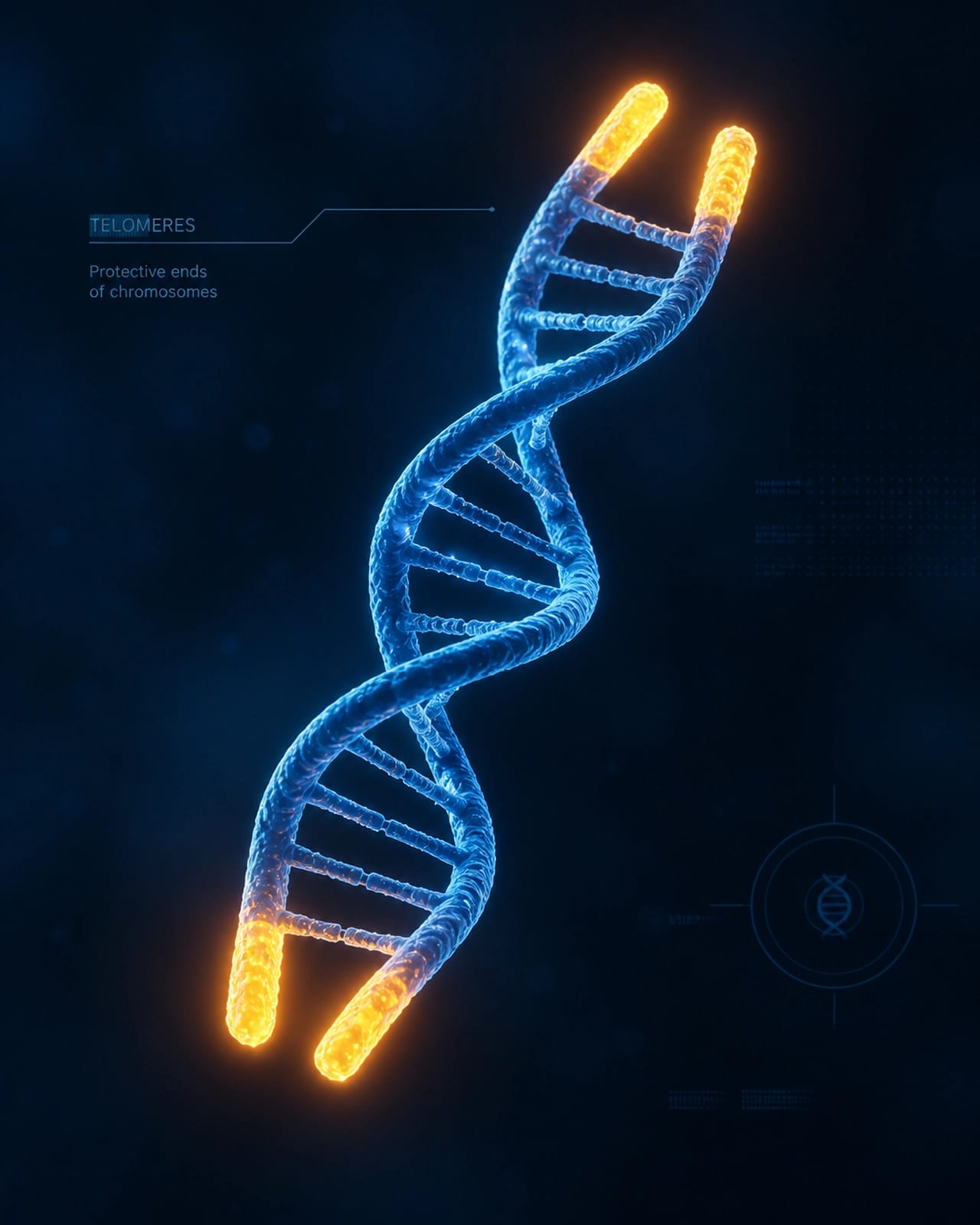 Conceptual 3D render of DNA with glowing telomeres