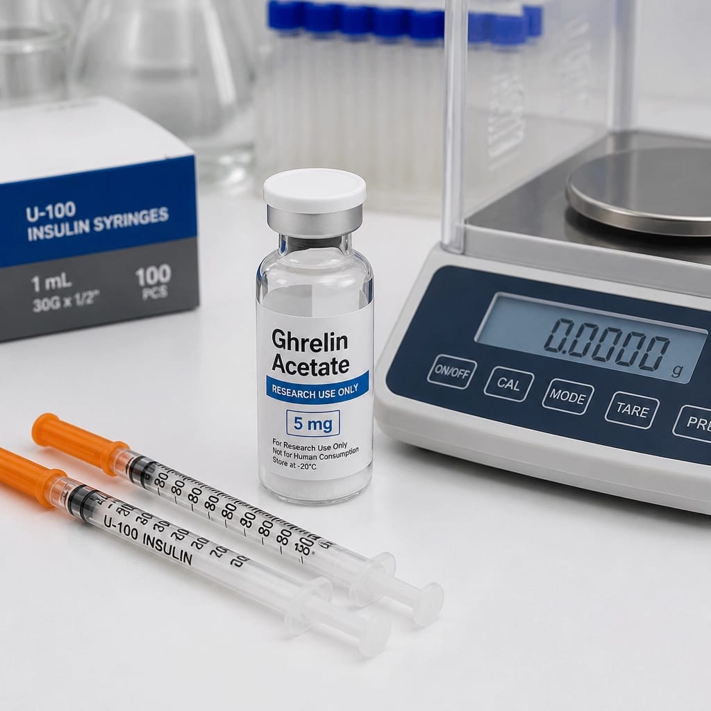 Laboratory research setup with Ghrelin Acetate and precision tools