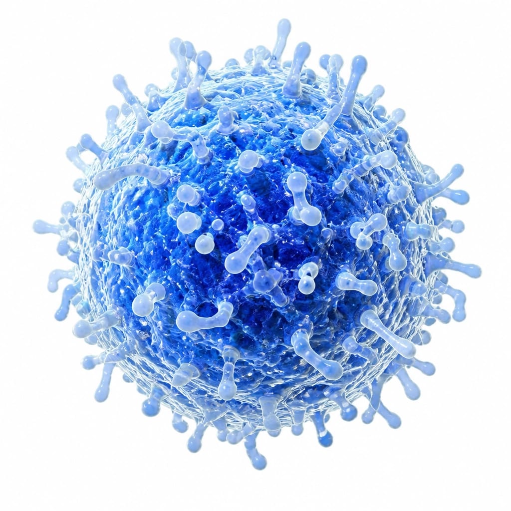 Detailed 3D render of a T-lymphocyte cell under a microscope, glowing blue and white accents, high-tech medical visualization, clean white background.