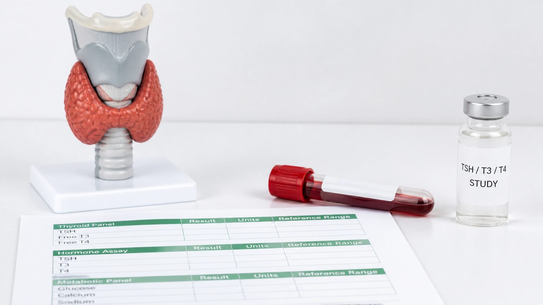Clean laboratory research setup with thyroid anatomy model and thyroid function test materials