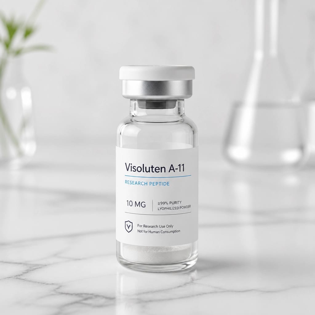 Minimalist clinical product photography of a Visoluten research peptide vial