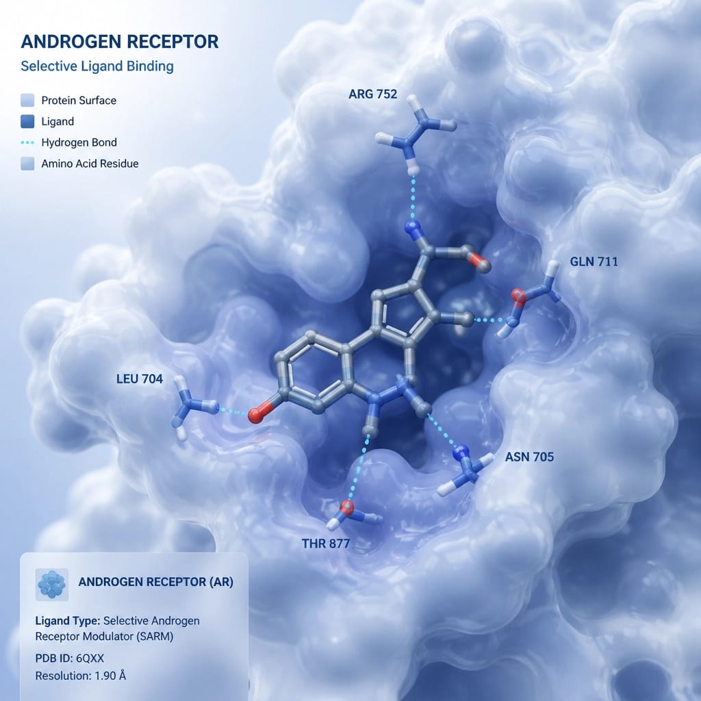 3D molecular visualization of an androgen receptor binding with a selective ligand