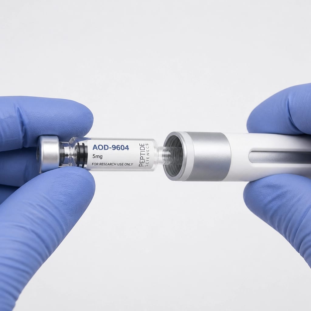 A hand in a nitrile glove inserting a glass cartridge into a peptide pen