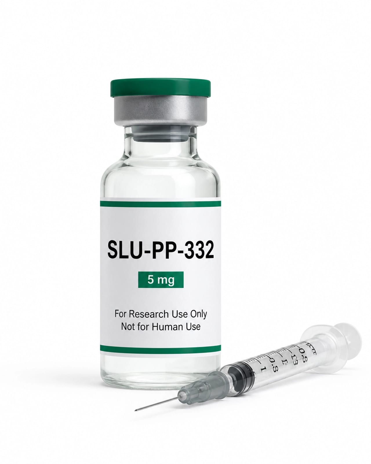 A glass vial labeled SLU-PP-332 with a small syringe, highlighting its injectable application for mitochondrial biogenesis.