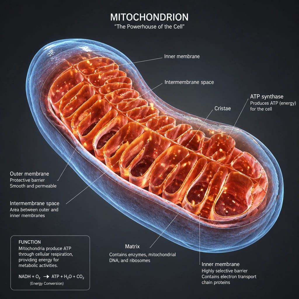 Realistic 3D medical visualization of a mitochondrion, the powerhouse of the cell