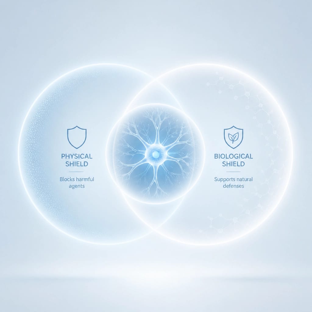 Abstract illustration of the dual-action neuroprotective shield