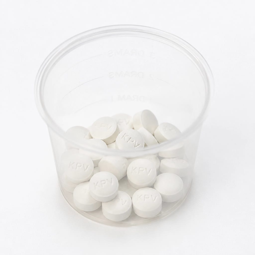 Small, clinical KPV tablets in a glass cup, highlighting the simple and direct approach to anti-inflammatory support.