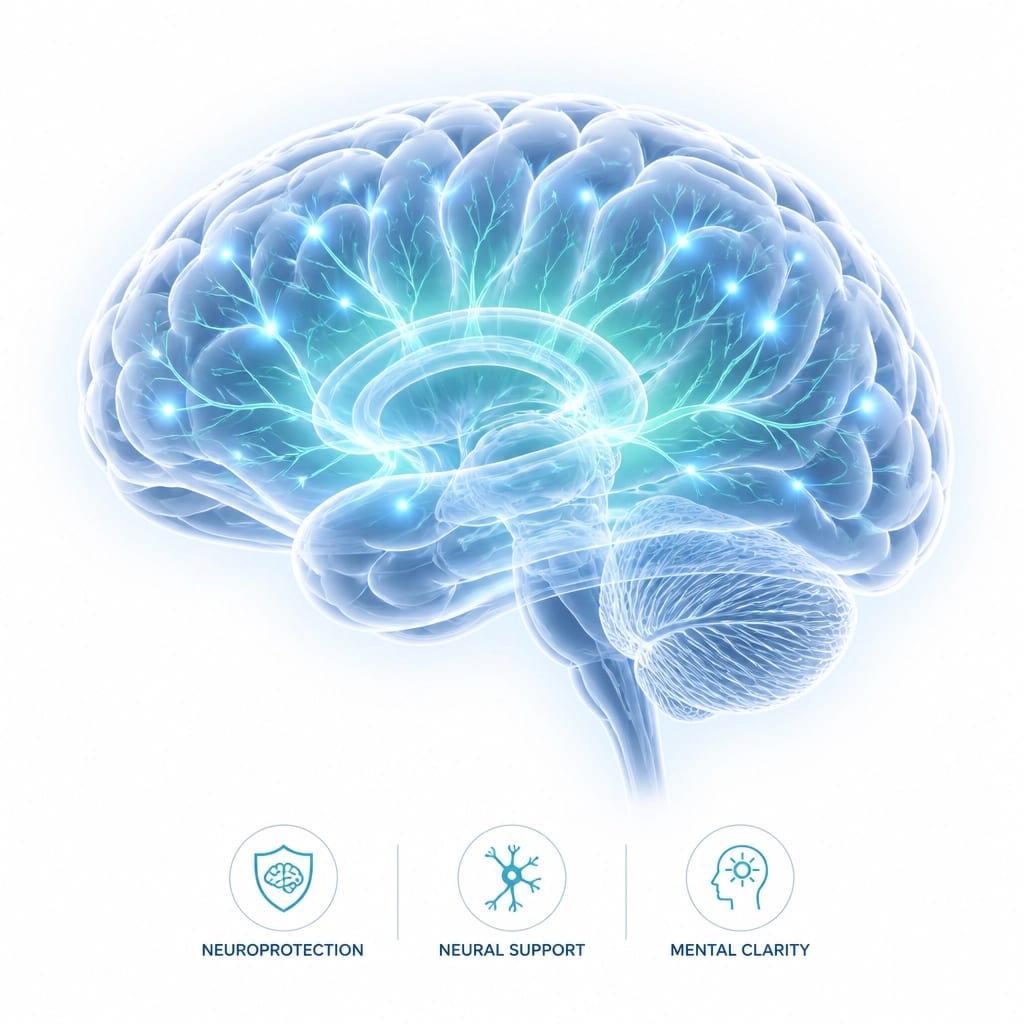Minimalistic scientific illustration of a human brain with glowing neural pathways