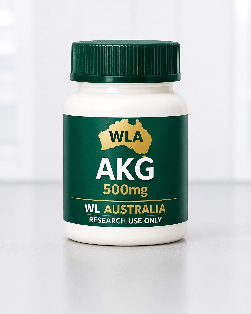 AKG 500mg research-use-only bottle photographed in a clean laboratory setting