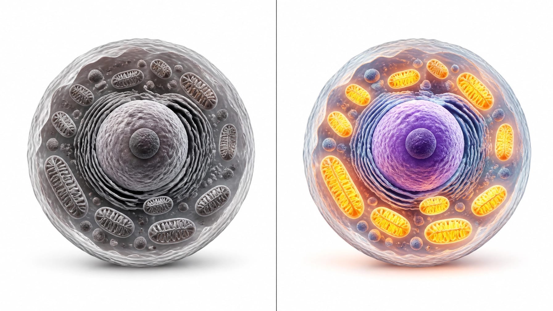 Comparison of a dull, tired cell versus a vibrant cell with glowing golden mitochondria