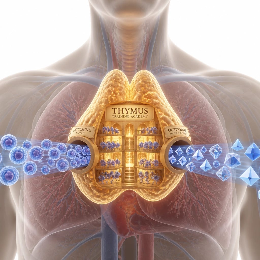 Conceptual illustration of the thymus gland as a training academy for immune cells