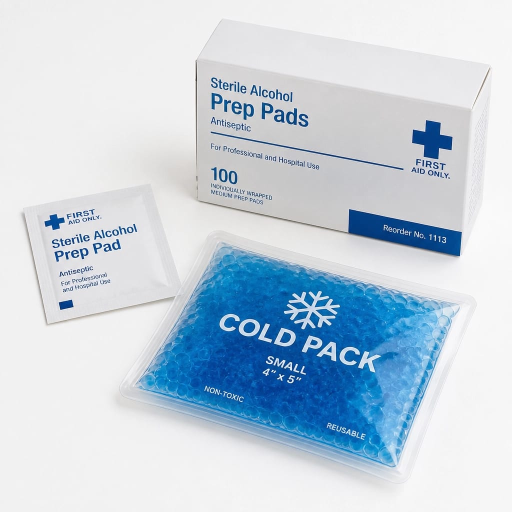 Gel ice pack and alcohol prep pads for injection preparation