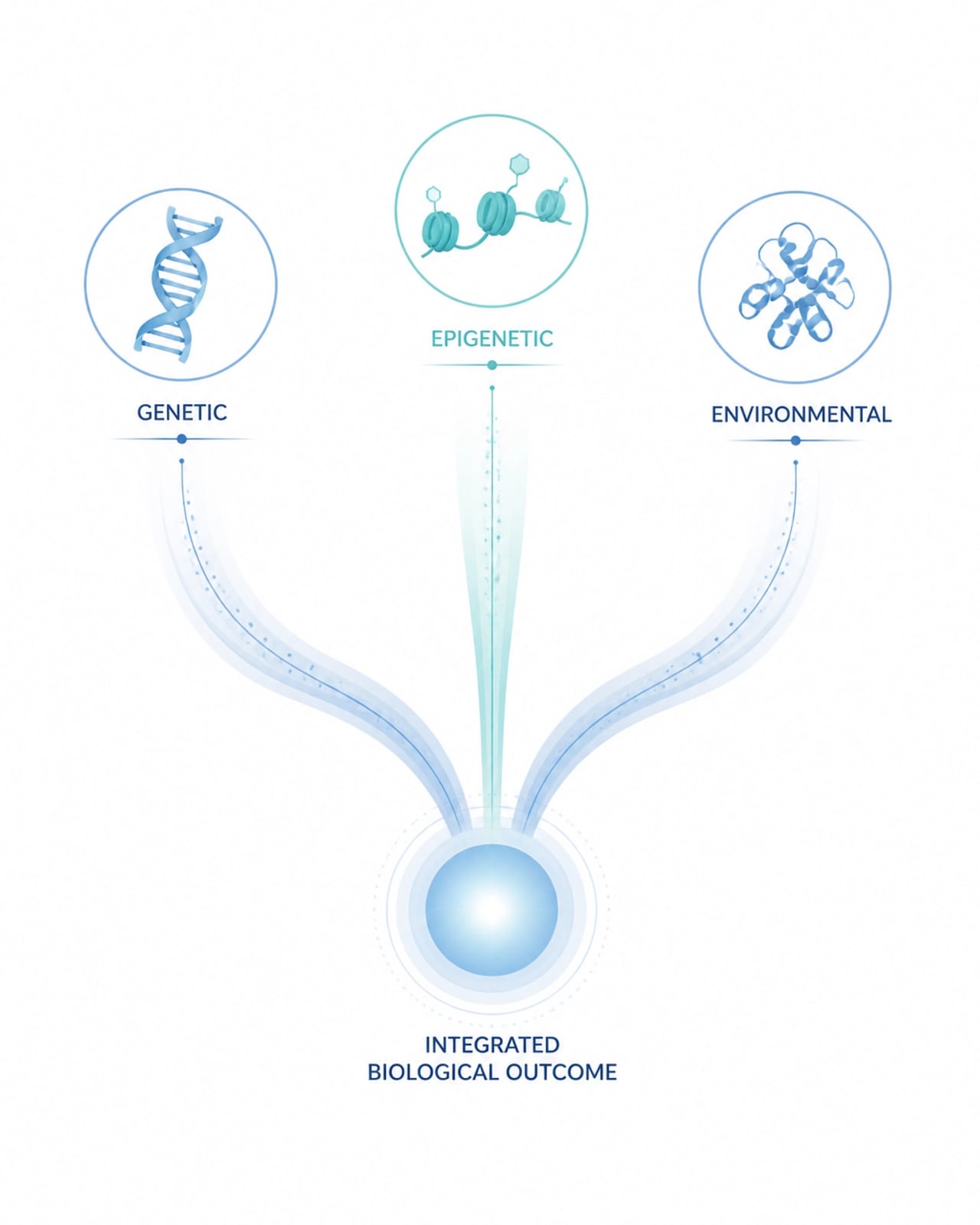Minimalist medical illustration showing three biological pathways merging into one glowing center.
