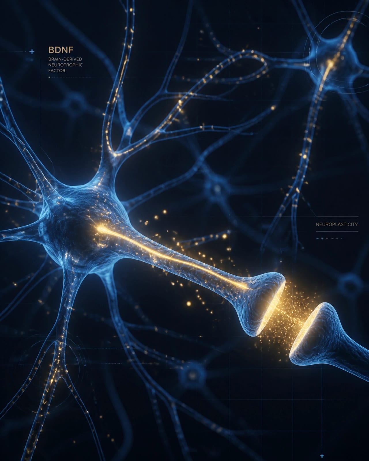 Abstract visualization of BDNF signaling and neuroplasticity in the brain