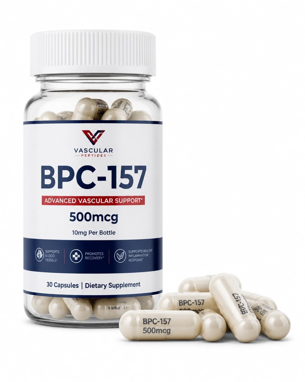 Close-up of vascular peptide supplement capsules on pure white background