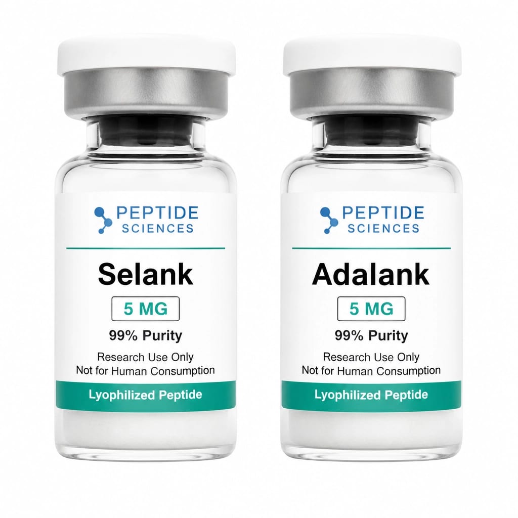 Realistic product photography of two identical clinical peptide glass vials side-by-side on a pure white background. One is labeled 'Selank' and the other 'Adalank'.