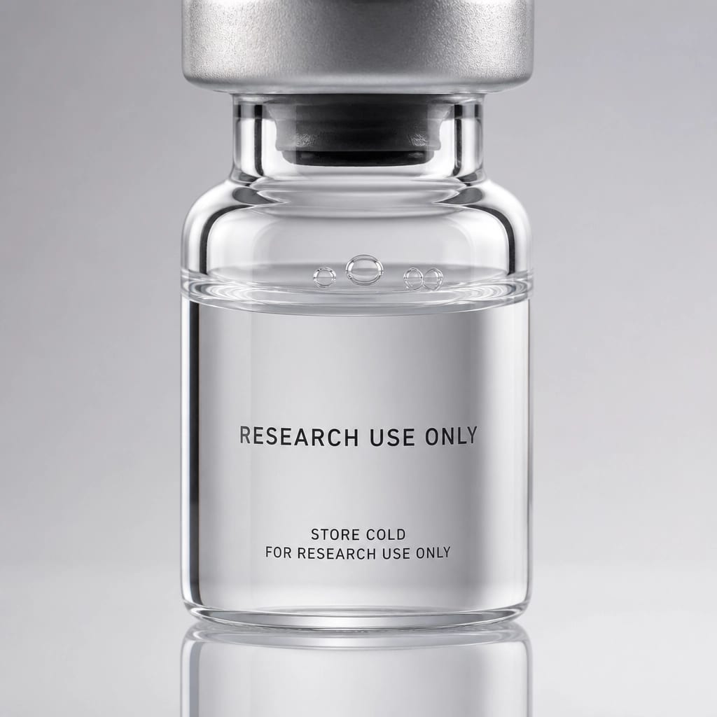 Macro photography of a clear glass research vial on a mirrored surface, representing the clinical purity of WLA research peptides.