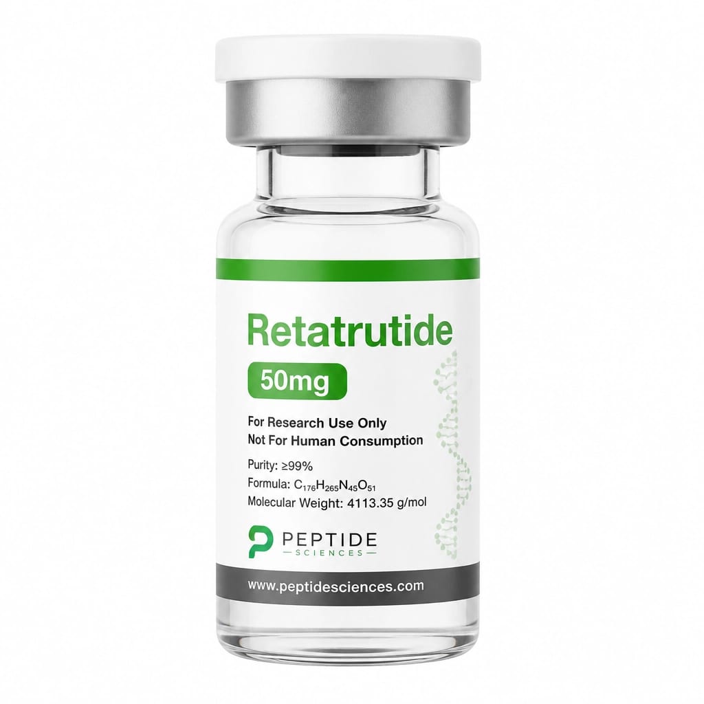 High-resolution shot of a 50mg Retatrutide vial