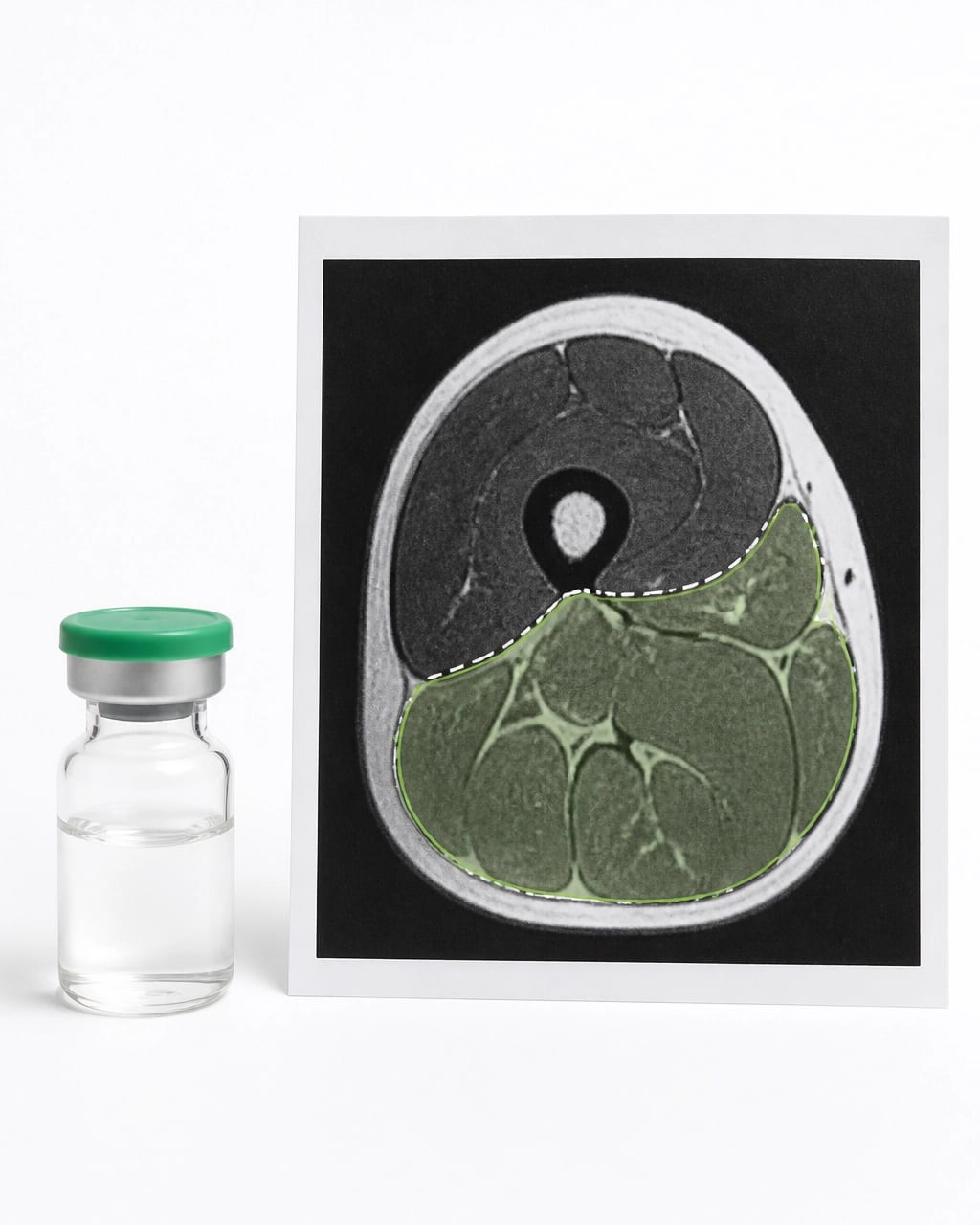Unbranded research vial beside an MRI-style muscle image
