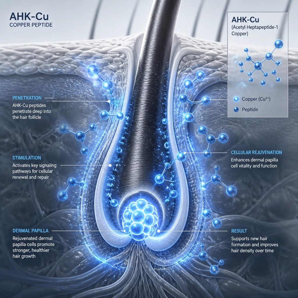 Abstract scientific illustration of AHK-Cu molecules rejuvenating hair follicles