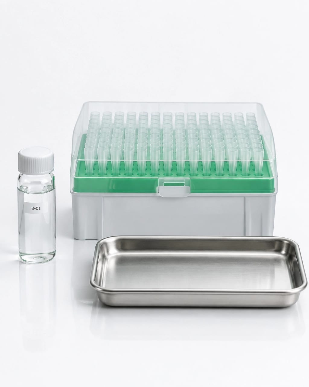 Laboratory research vial and equipment on a clean white background