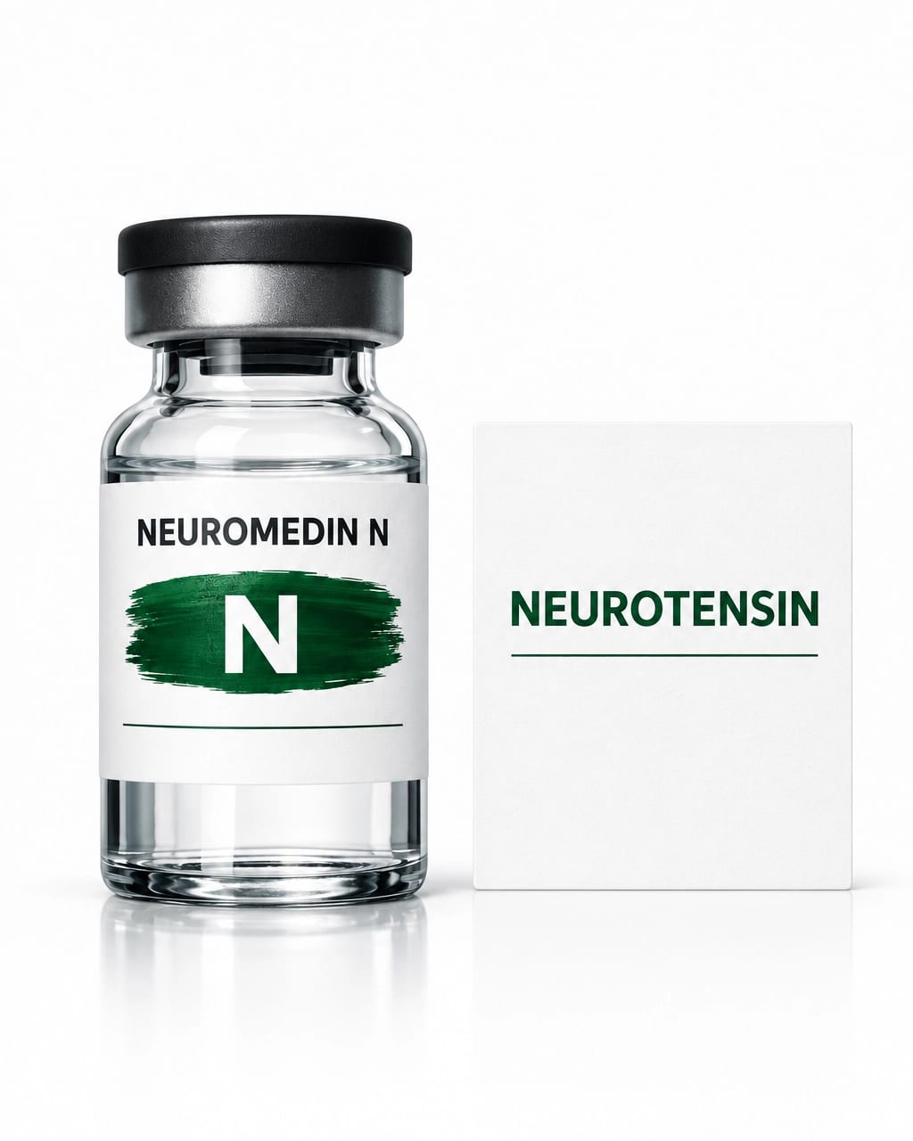 Neuromedin N research vial beside a simple neurotensin reference card