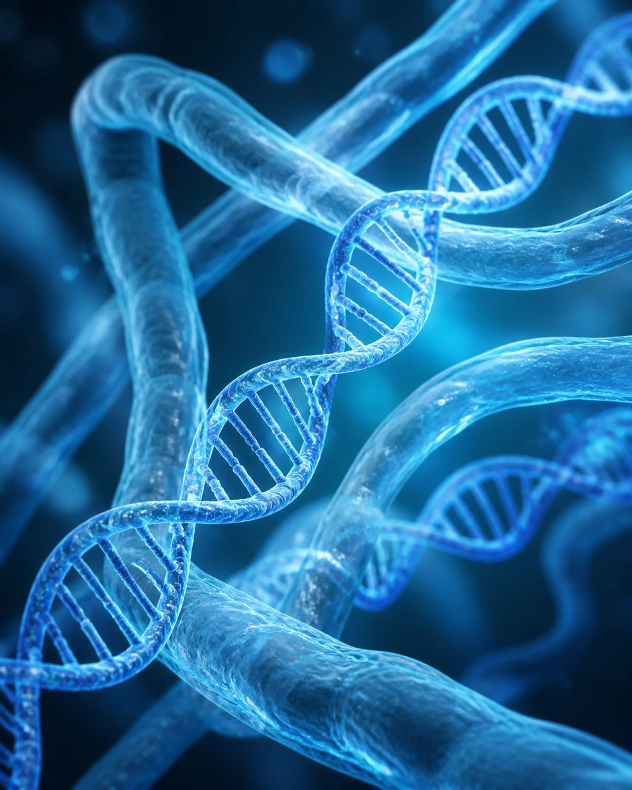 A 3D abstract visualization of glowing blue DNA strands and collagen fibers intertwining, representing cellular repair and tissue regeneration.