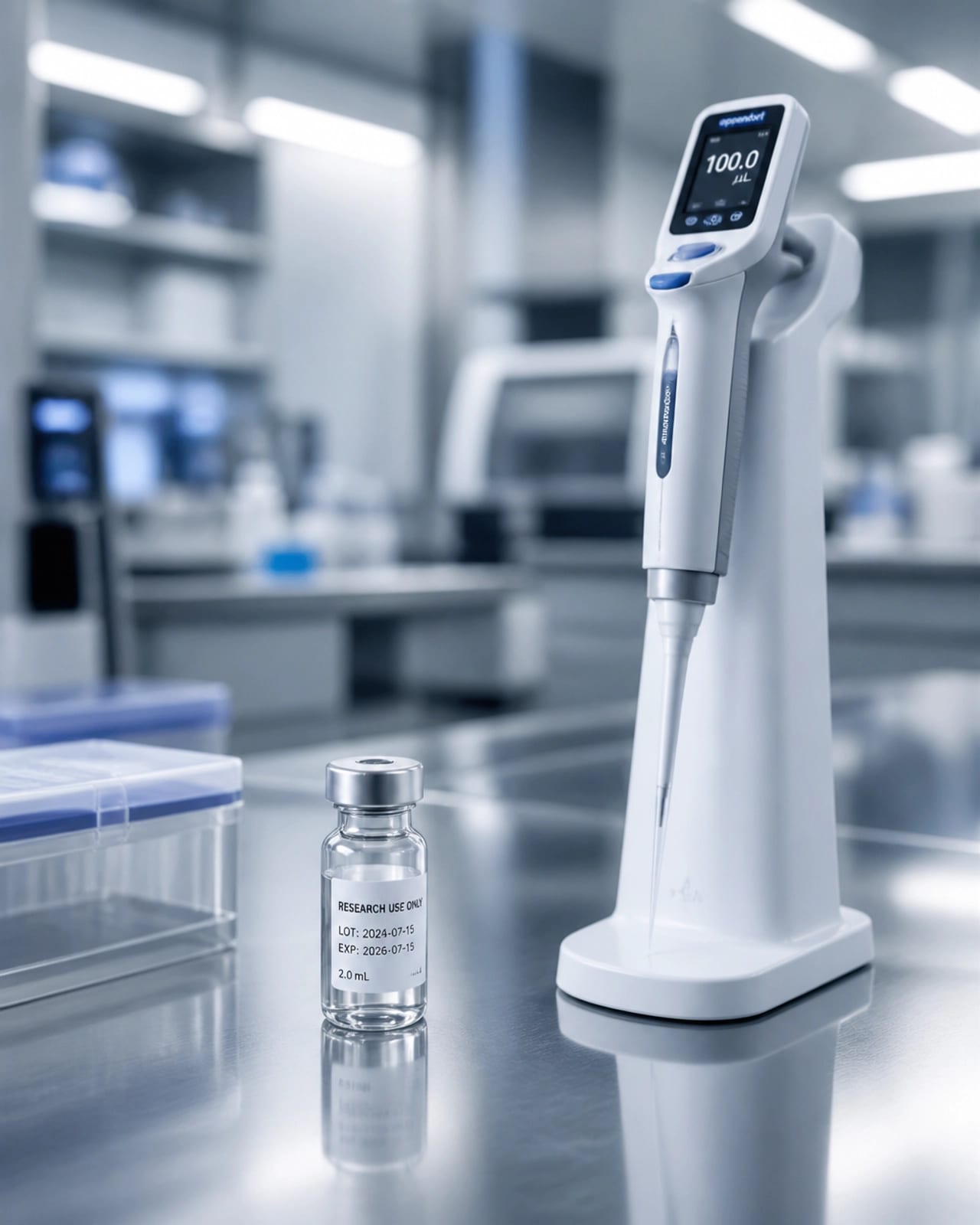 High-tech laboratory setting with a precision pipette and a small research vial