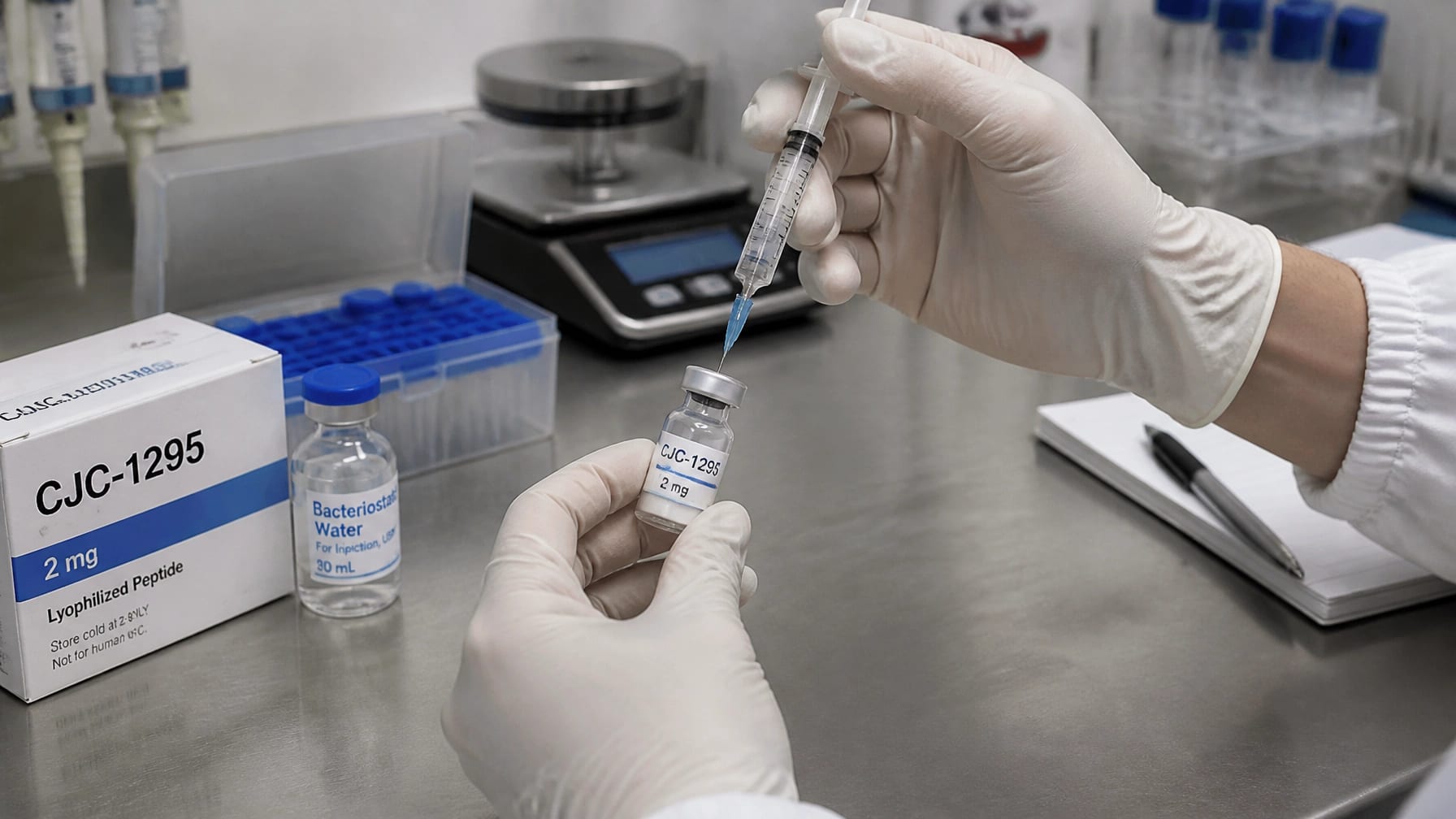 Researcher reconstituting a peptide vial with bacteriostatic water in a sterile laboratory setting