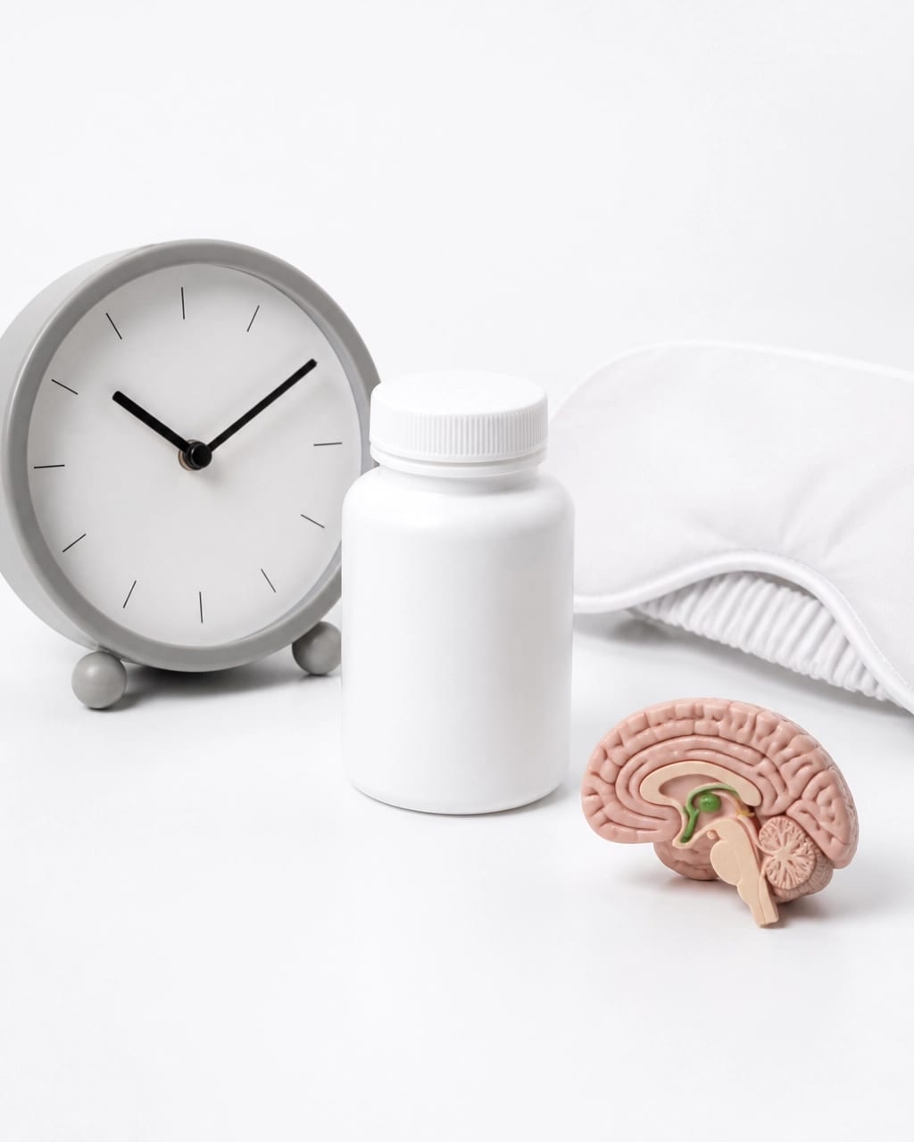 Realistic clinical-style representation of a supplement bottle beside a simple night-time clock