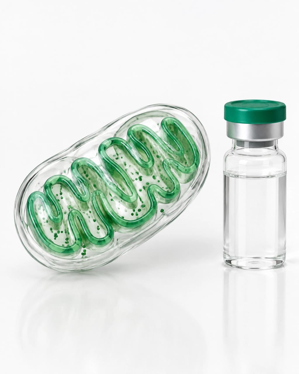 Transparent mitochondrion model beside an unbranded research vial on a clean laboratory surface