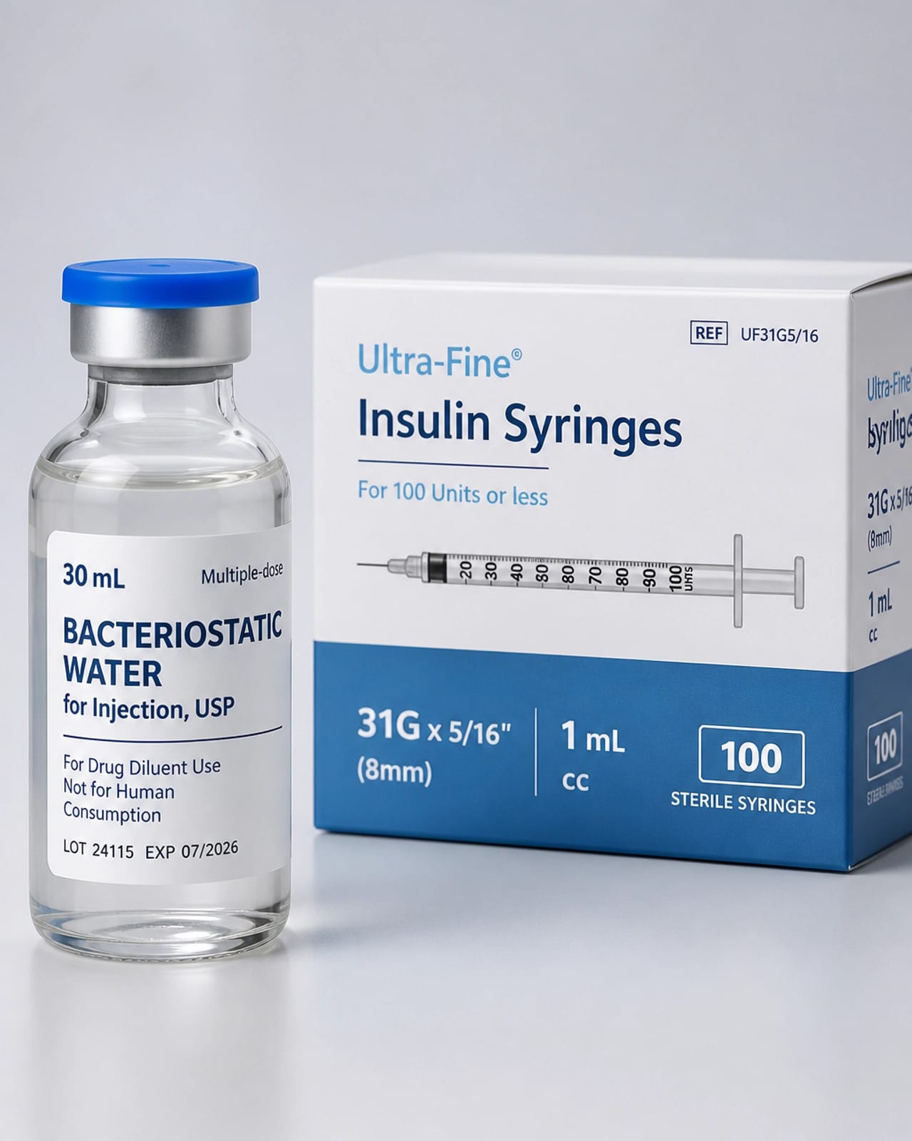 Close-up shot of a vial of bacteriostatic water next to ultra-fine insulin syringes.