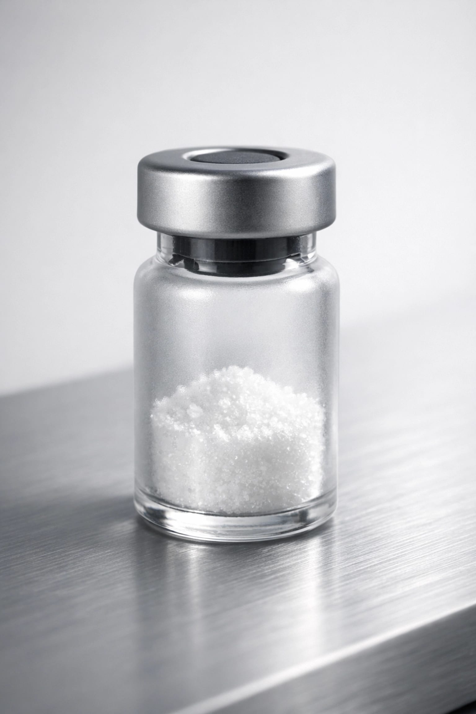 Frosted glass vial with lyophilized peptide powder for precise mg to mcg research dosing.
