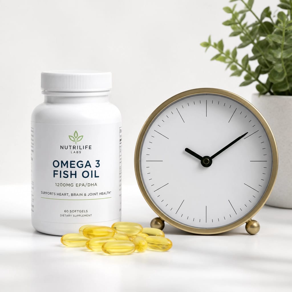 Supplement capsules and a sleek minimalist clock on a pristine white surface