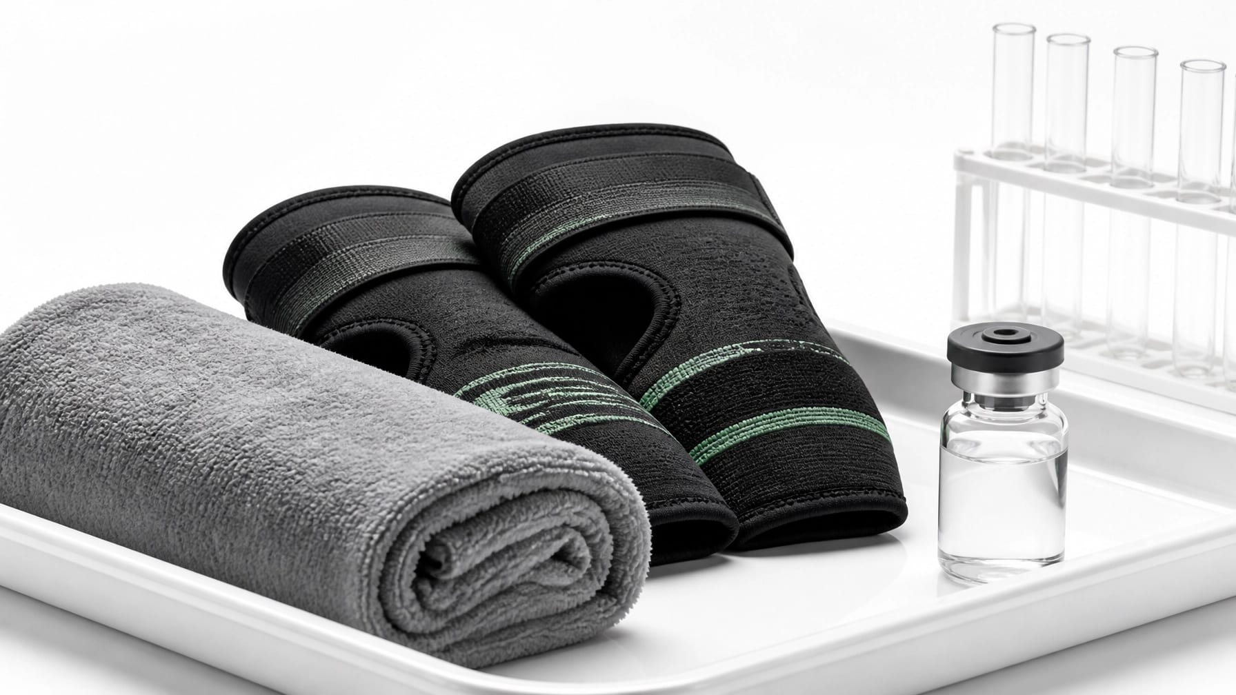 Clinical recovery setting with neutral athletic supports and a research vial